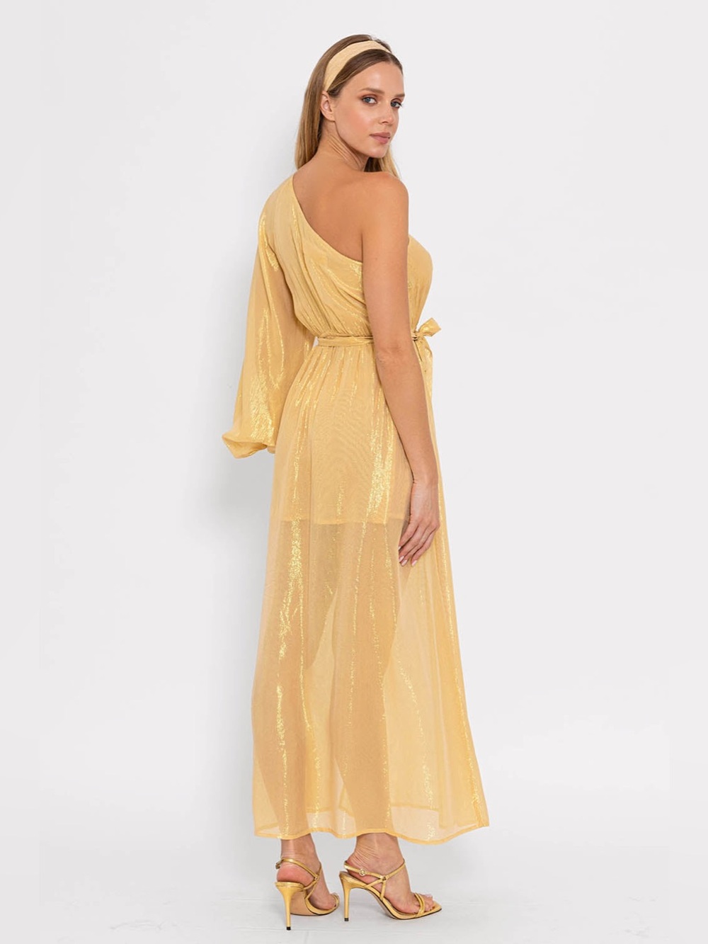New! Sundress Doris  Belted One-Shoulder Shimmer Midi Dress in Gold 🌟 Small Tall - Picture 7 of 16